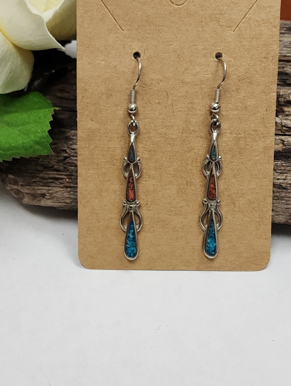 Silver Teardrop Inlay Earrings with Turquoise and Coral Colored Chips